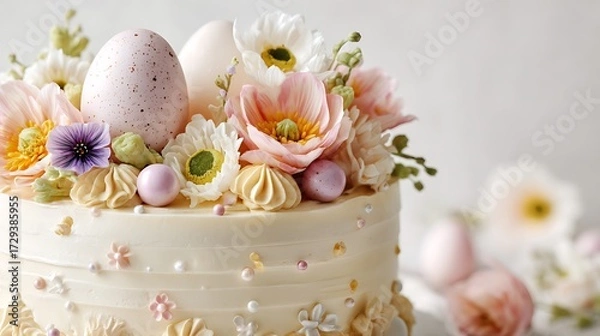 Obraz Easter style layered cake with delicate decorations on a bright white backdrop