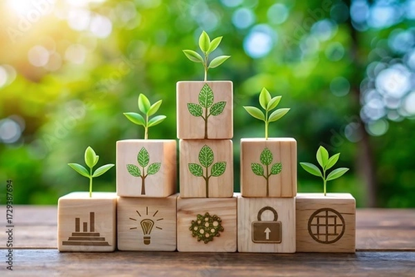 Fototapeta Wooden blocks with plant growing on top and icon on surface on wooden table with green background
