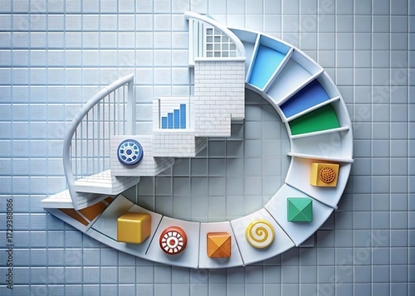 Fototapeta Spiral staircase with colorful blocks, representing growth, progress, and achievement, top view, studio shot