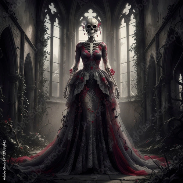 Fototapeta Elegant skeletal bride in a romantic dark gown standing in a hauntingly beautiful ruined cathedral