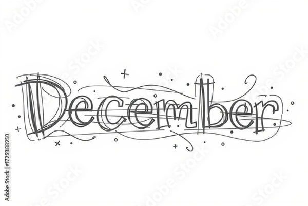 Fototapeta Hand-drawn typography illustration of the word 'December' featuring whimsical lines and decorative elements.