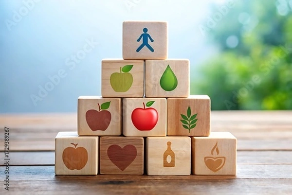 Fototapeta Pyramid of wooden blocks with healthy lifestyle icons on wooden table against blurred background