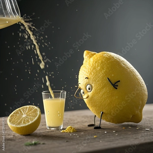 Fototapeta A cartoon lemon character with glasses stands beside a glass of lemonade. Lemon juice is being poured from a pitcher. The scene is bright and playful.
