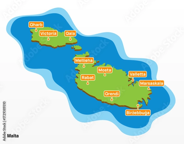 Obraz 3d vector illustration graphic green color geographical map of Malta with largest cities shown
