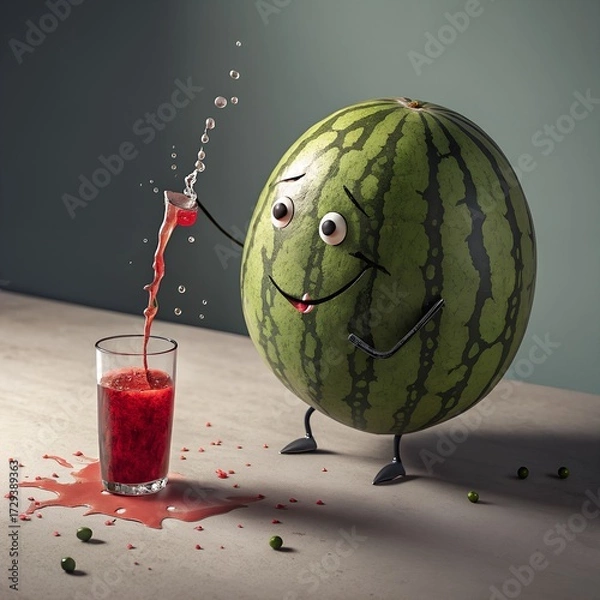 Fototapeta A cartoonish watermelon character with eyes and a smile pours juice into a glass. The scene is playful and colorful, showcasing a fun beverage concept.