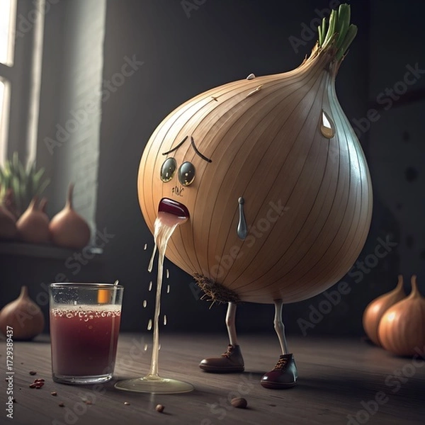 Fototapeta A cartoon onion character with a sad expression, shedding tears next to a glass of juice. The scene includes several whole onions in the background.