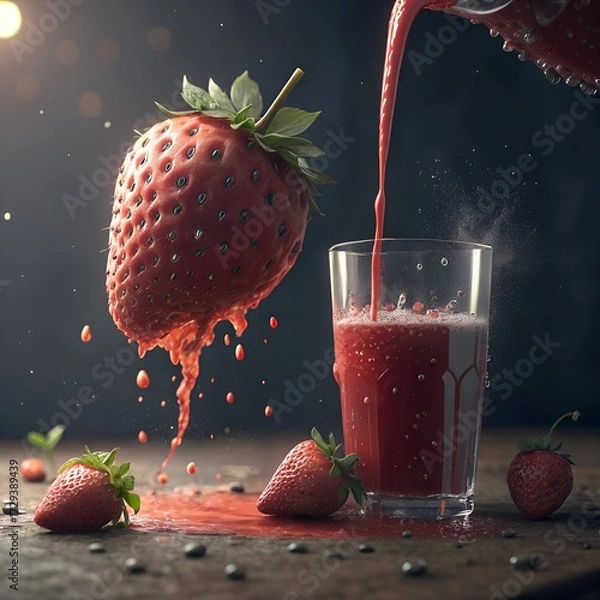 Fototapeta Fresh strawberries splashing into a glass of strawberry juice. The scene captures vibrant colors and dynamic movement, emphasizing freshness and flavor.