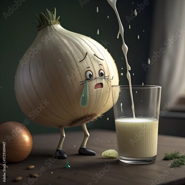 Fototapeta A cartoon onion character with a sad expression stands beside a glass of milk. The onion has arms and legs, with tears rolling down its face.