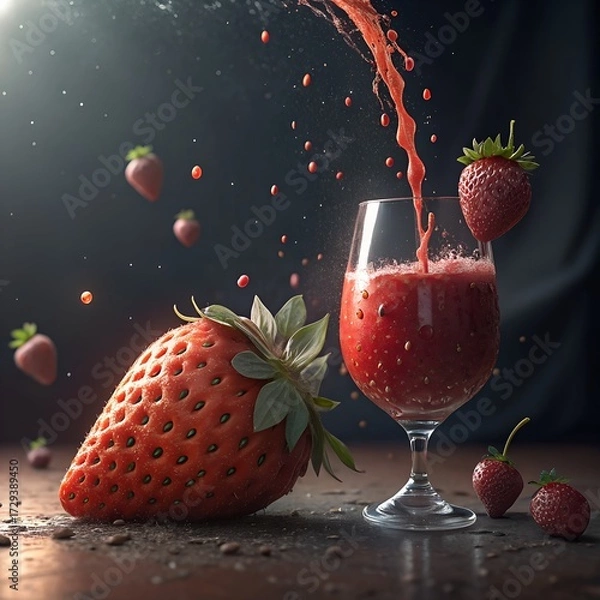 Fototapeta A glass of strawberry juice with splashes, surrounded by fresh strawberries on a wooden surface. The scene highlights vibrant red colors and freshness.