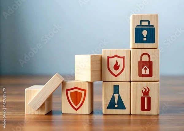 Fototapeta Wooden blocks stacked in a pyramid shape with safety and security icons representing risk management concept