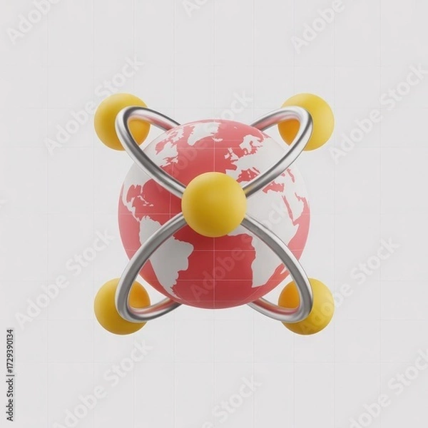 Fototapeta Global network or interconnected world concept with a planet earth surrounded by a metallic structure and yellow spheres representing connections and communication