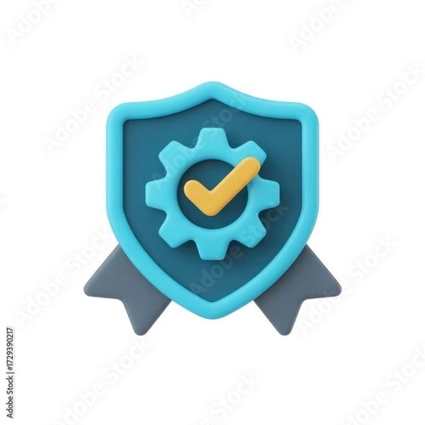 Fototapeta 3D render of a quality assurance shield icon with a gear and checkmark, symbolizing certified protection and system integrity