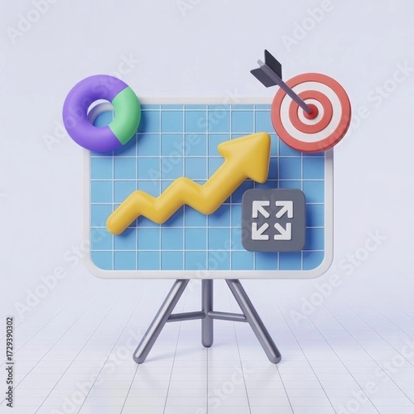 Fototapeta Engaging 3D visual representing effective business growth strategy, data analytics, and goal attainment. Perfect for illustrating market expansion and project success