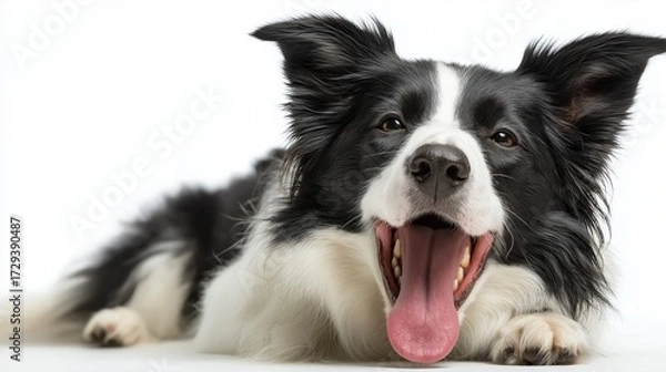 Obraz A Border Collie resting on the ground with its tongue out in a playful pant