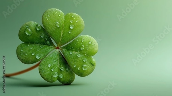 Obraz Close-up of four-leaf clover with dew drops on green background with copy space