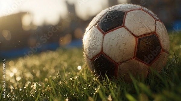 Obraz Wet soccer ball on a green grass field at sunset