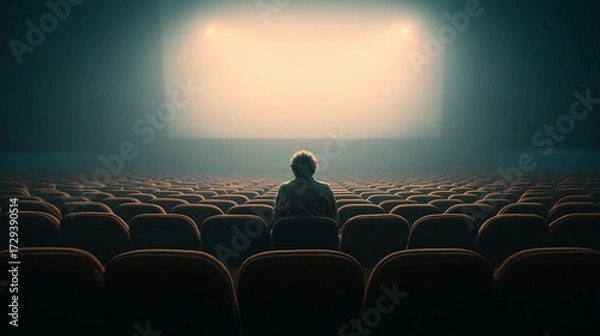 Obraz Solitary person watching a glowing screen in an empty cinema