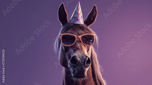 Obraz Funny horse wearing sunglasses and a colorful party hat