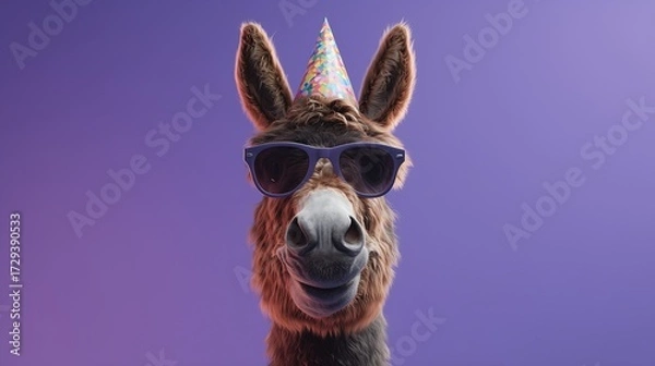 Obraz Funny donkey in sunglasses and colorful party hat on purple background