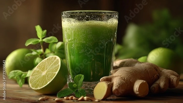 Obraz Fresh green detox juice with ginger and lime on a wooden table