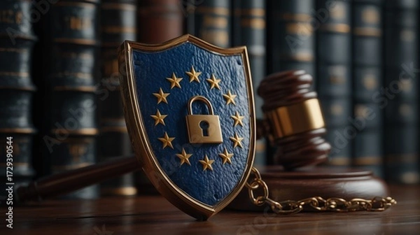 Obraz European union data protection shield and gavel in a law library