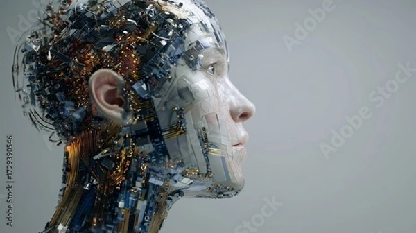 Obraz An extreme close-up side view of a human-like head with embedded cybernetic patterns and golden light