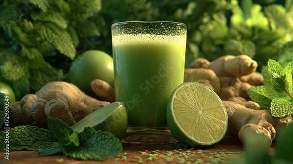 Obraz The concept of wellness and natural cleansing, represented by a fresh green juice with ginger and lime, styled on a wooden backdrop