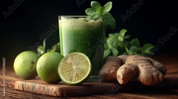 Obraz A vibrant green juice made with ginger and lime, presented on a rustic wooden table to emphasize its freshness