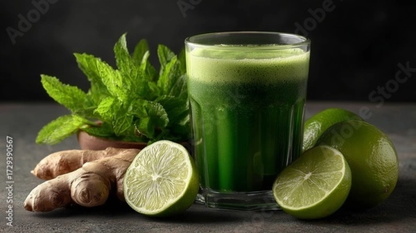 Obraz An image of a healthy detox beverage featuring the ingredients ginger and lime, shot naturally on a wooden surface