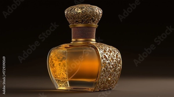 Obraz An ornate glass bottle filled with amber liquid and decorated with gold and black metalwork, exuding elegance