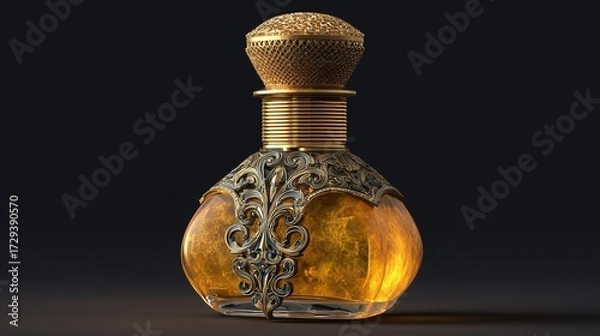 Obraz Luxurious golden perfume bottle with ornate filigree on a dark background