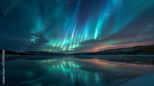 Obraz Vibrant aurora borealis lights reflecting on a frozen lake