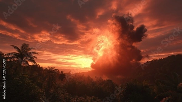 Obraz A massive cloud of ash and smoke billows from a volcano at sunset