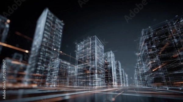 Obraz A futuristic cityscape is represented by glowing lines and points of data