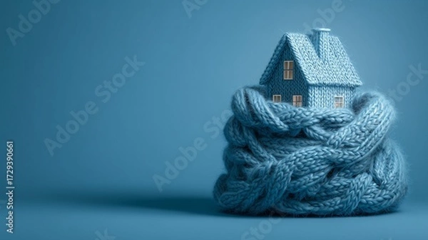 Obraz Cozy house wrapped in a scarf on a blue background with copy space