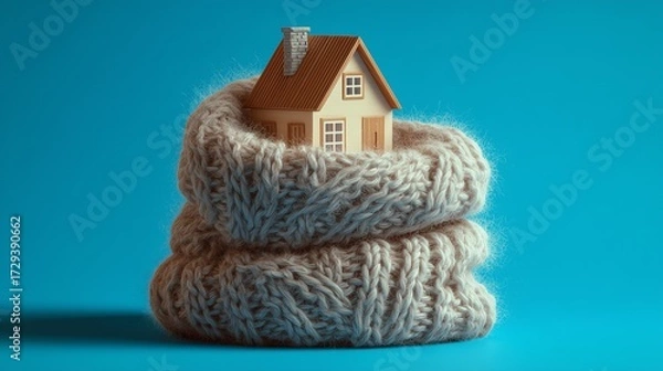 Obraz A charming illustration of a house made to look cozy by being wrapped in a knitted scarf, set against a simple blue background
