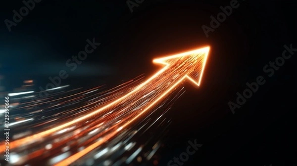 Obraz Glowing orange arrow moving up on dark background, business concept
