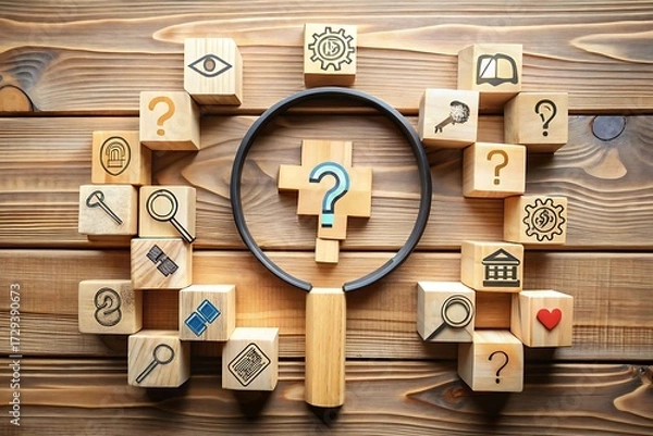 Fototapeta Wooden blocks with question mark and magnifying glass, symbolizing problem solving and critical thinking
