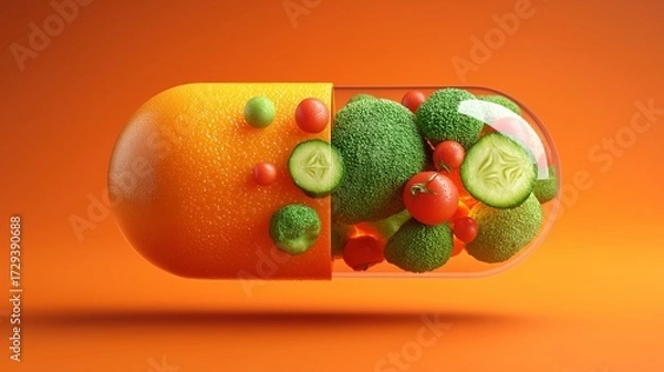 Obraz A pill capsule is filled with a variety of fresh fruits and vegetables