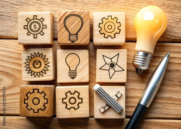 Fototapeta Wooden blocks with lightbulb and gear, symbolizing innovation, creativity, and problem solving skills
