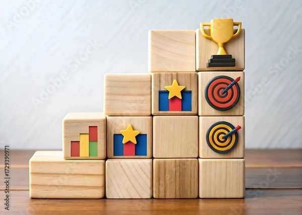 Fototapeta Wooden blocks stacked in the shape of stairs with business icons and a trophy on top
