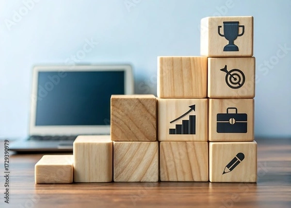 Fototapeta Wooden blocks stacked in the shape of stairs with business icons and a laptop in the background