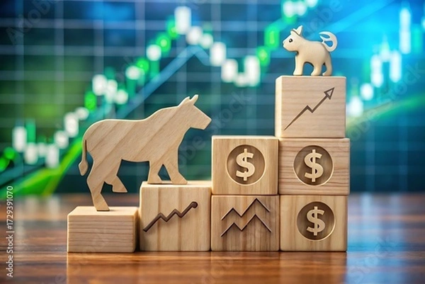 Fototapeta Wooden bull and bear figures on blocks, symbolizing stock market trends and financial investment strategies