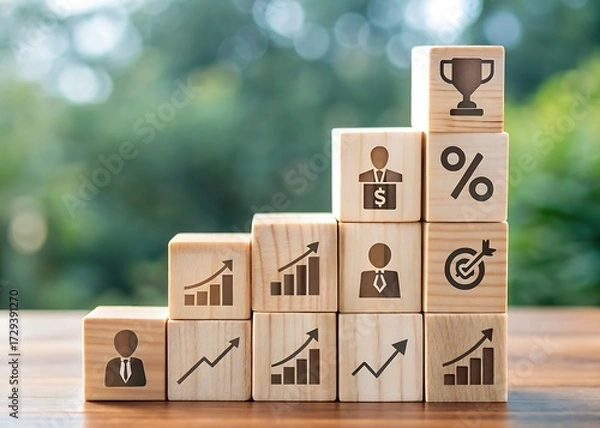 Fototapeta Wooden blocks with business and finance icons arranged as a staircase for growth and success concept