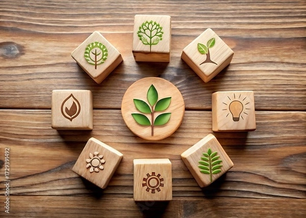 Fototapeta Wooden blocks arranged in a circle with green leaf icons on a wooden table against a wooden background