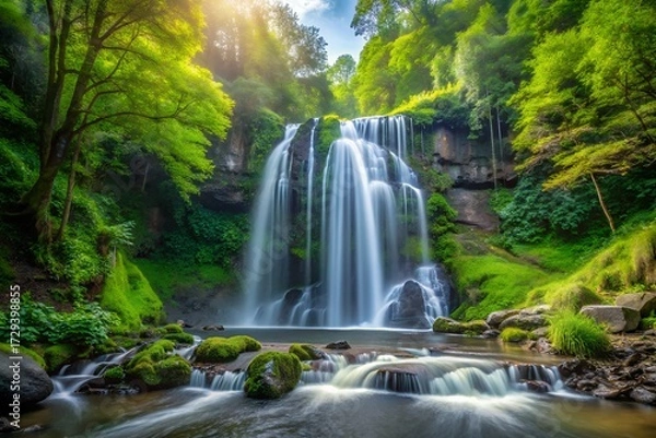 Fototapeta Lush green forest with a beautiful waterfall cascading down rocks into a clear stream on a sunny day, creating a serene and peaceful atmosphere
