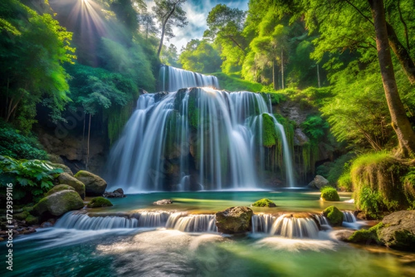 Fototapeta Majestic waterfall cascading down multiple tiers in a lush green forest, with sunlight filtering through the trees, creating a stunning natural scene
