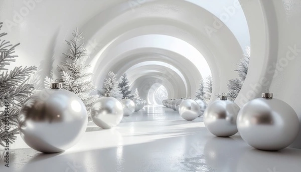 Fototapeta A magical winter wonderland scene with white arches, Christmas trees, and silver baubles on a snowy path.