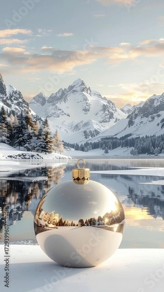 Fototapeta A surreal and beautiful holiday scene with a single white Christmas bauble in a snowy mountain lake at sunrise.