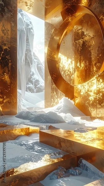 Fototapeta An artistic and surreal New Year visual featuring abstract golden ice structures and reflections.